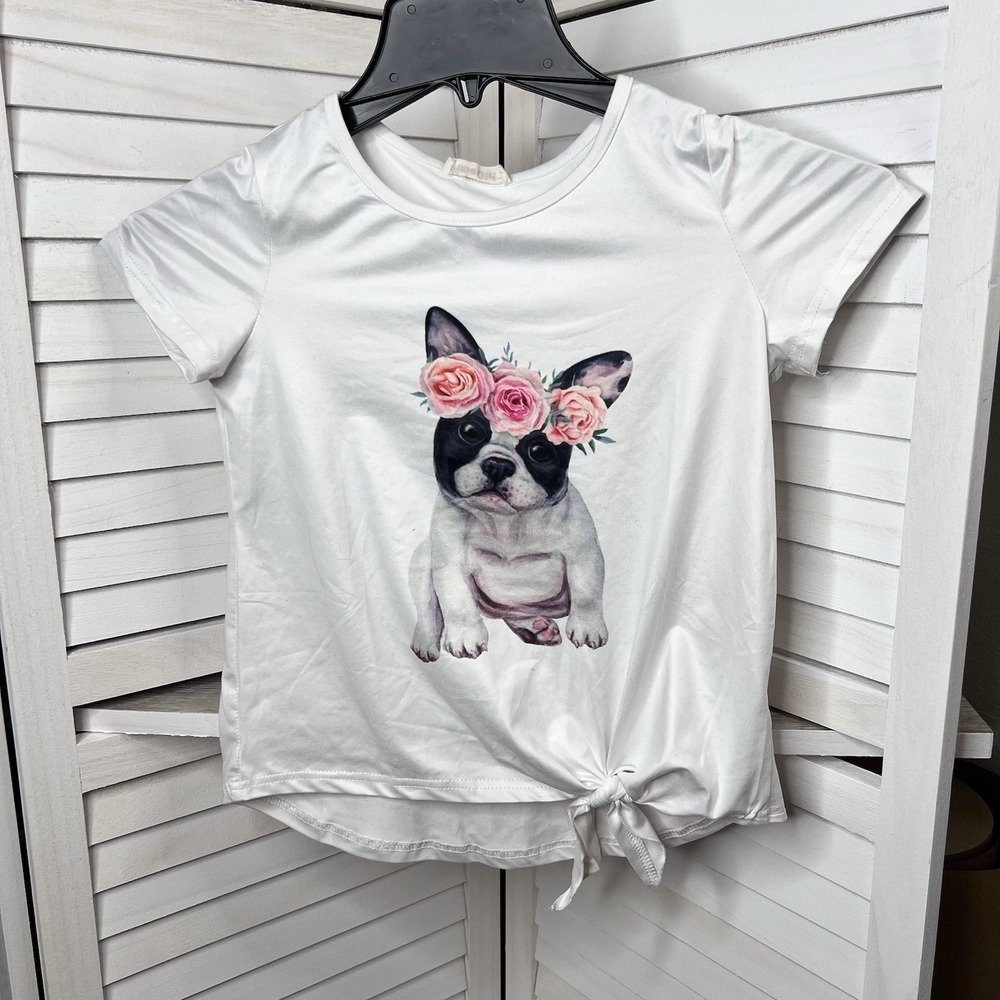 Pixie Girl T-Shirt French Bulldog W/ Flowers Girls Size 10/12 White Tie Waist‎